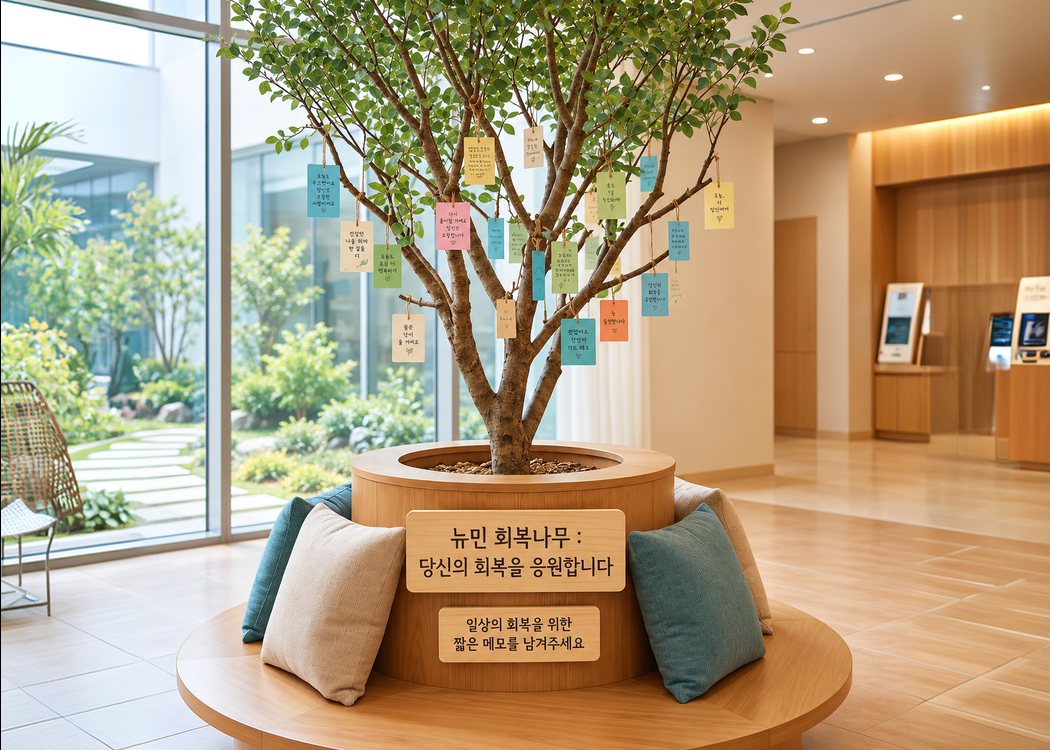 소원 메모가 걸린 뉴민 회복나무가 있는 병원 로비